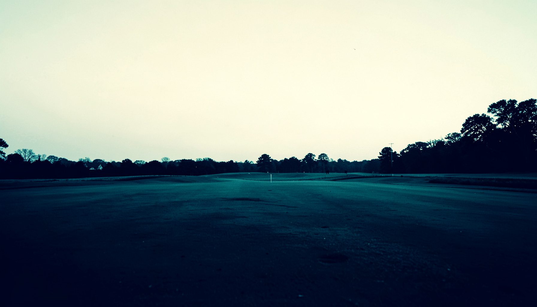 Wide duotone photograph of an empty fairway at dawn, soft cream and deep navy tones, calm and atmospheric